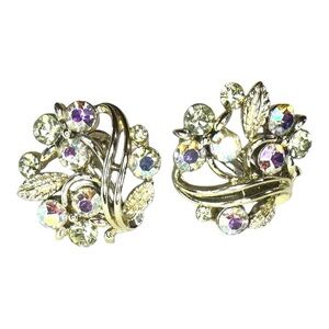 Vintage Lisner silver tone & Aurora Borealis clip on statement earrings